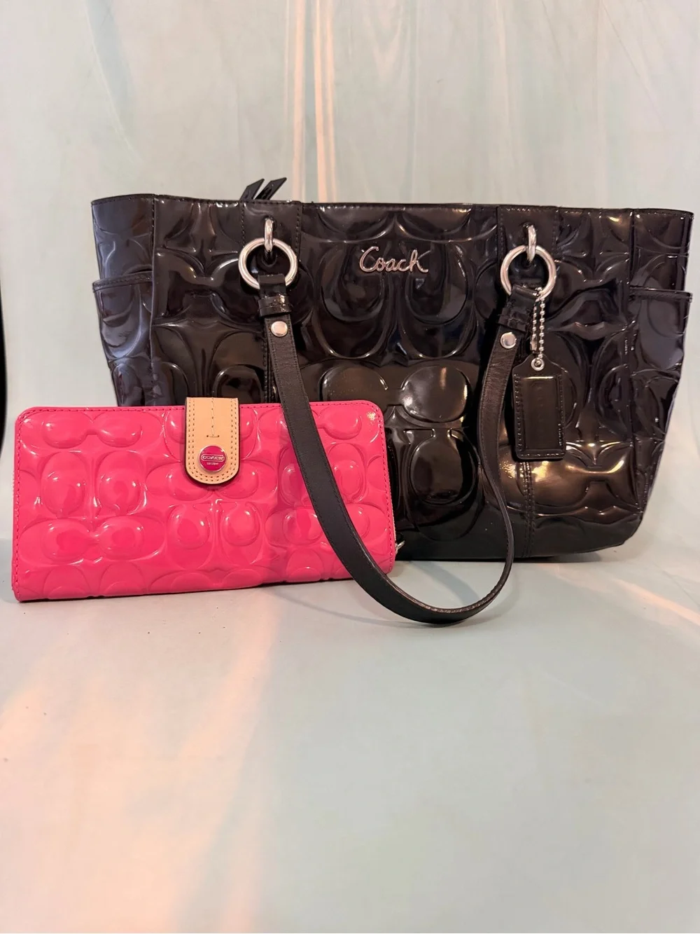 Coach Patent Leather Tote Bag with Pink Wallet